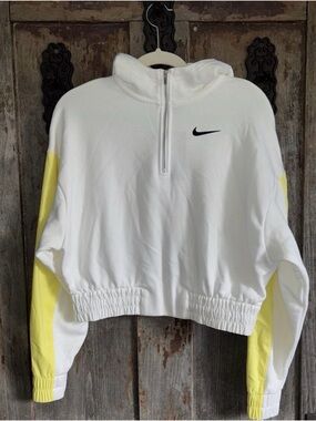 Nike White and Yellow Cropped Quarter-Zip Hoodie